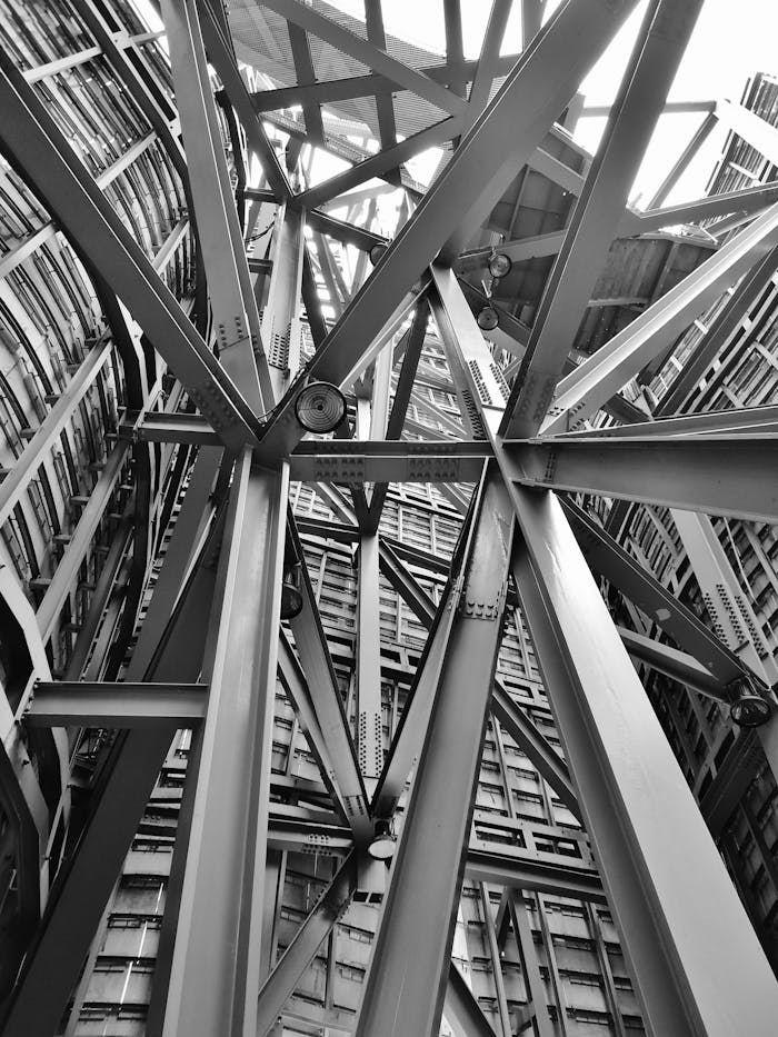 A detailed view of a complex steel framework showcasing modern industrial architecture.